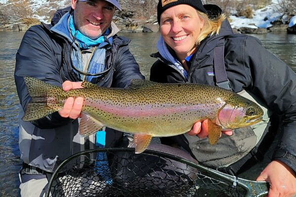 A huge trophy rainbow trout on the Truckee River in the winter. This was on a full day guide trip
